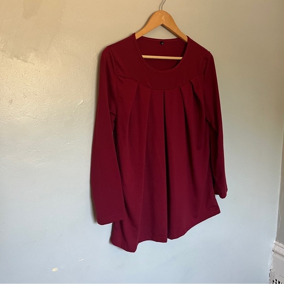 NWOT Women Pleated Flowy Top 3/4 Roll Sleeve Casual Loose Blouse Red Medium - Picture 2 of 9